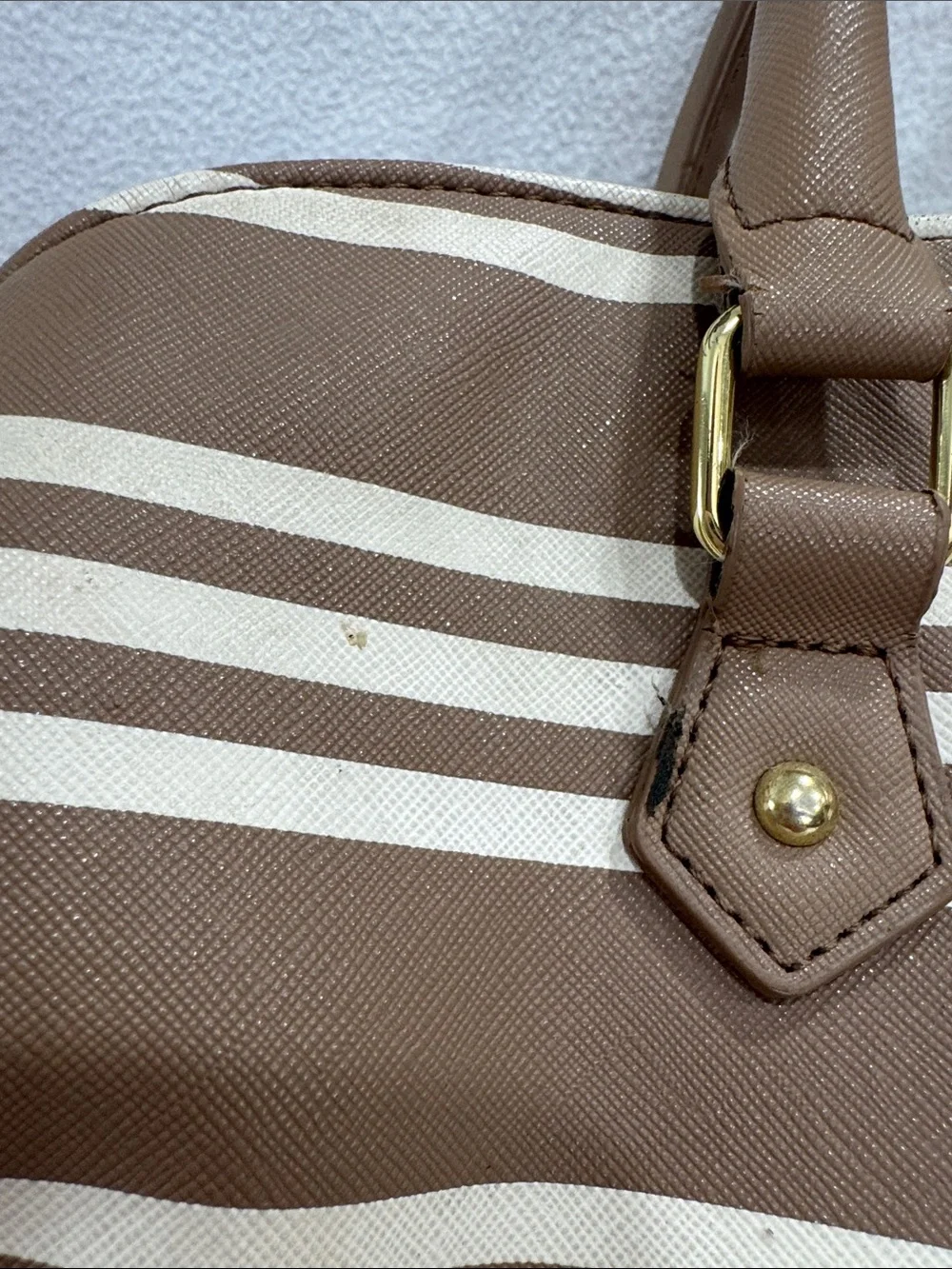 Betsey Johnson Brown and Cream Striped Satchel with Bow Charm